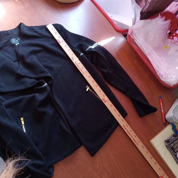 Premise Blazer Women's Size Medium Open Front Black Gold Zipper Pockets - Picture 8 of 14